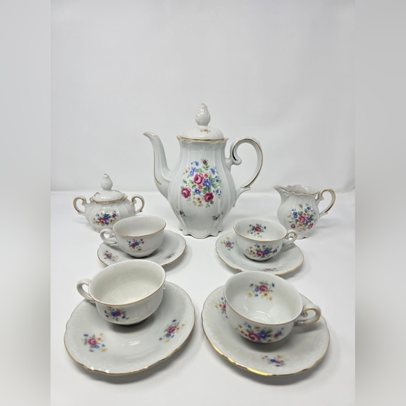 IJB Germany US Zone 13 Pc Porcelain Tea Set Pink Blue Green Floral Gold Trim 40s - Picture 7 of 16